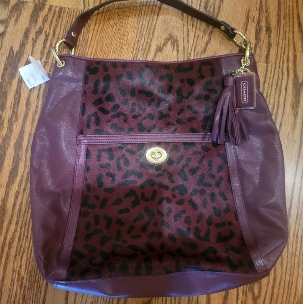 NWT Coach Burgundy Leopard Haircalf Leather Turnlock Large Hobo Shoulder Purse - Picture 11 of 13